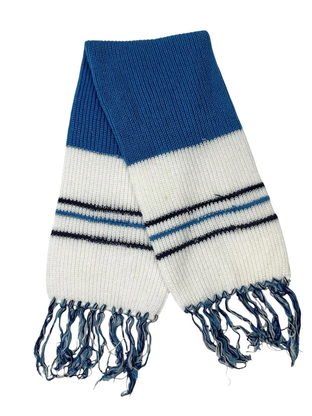 Vintage 60s 70s Blue White Knit Fringed Winter Kids Scarf